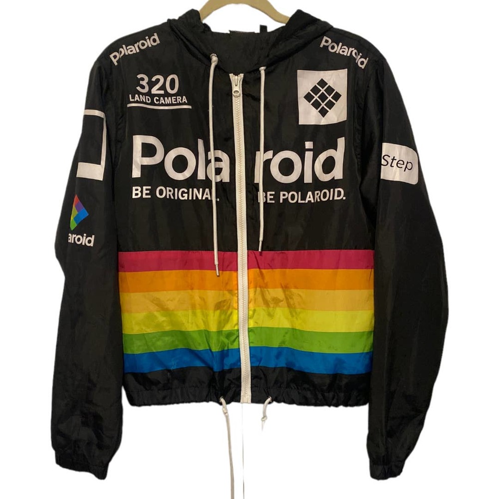 Polaroid Black Full Zip Windbreaker Full Zip Hooded Jacket Size Small - Picture 1 of 8